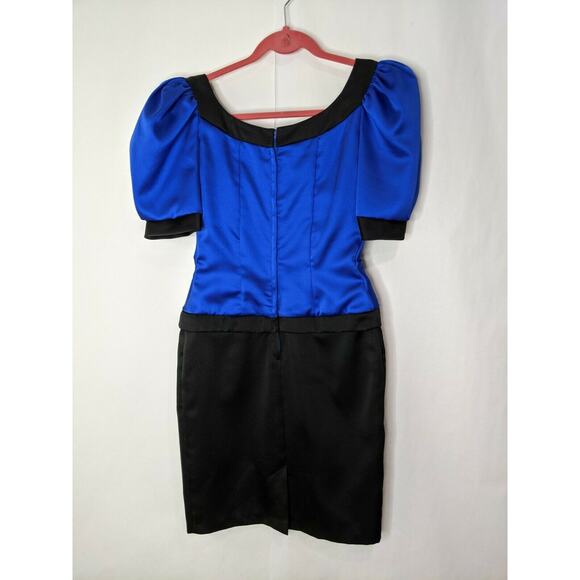 Vintage 80s Midnight Glo Dress Sz 6 Blue Black Hi-Puff Sleeve Party Cinch Waist - Picture 5 of 7